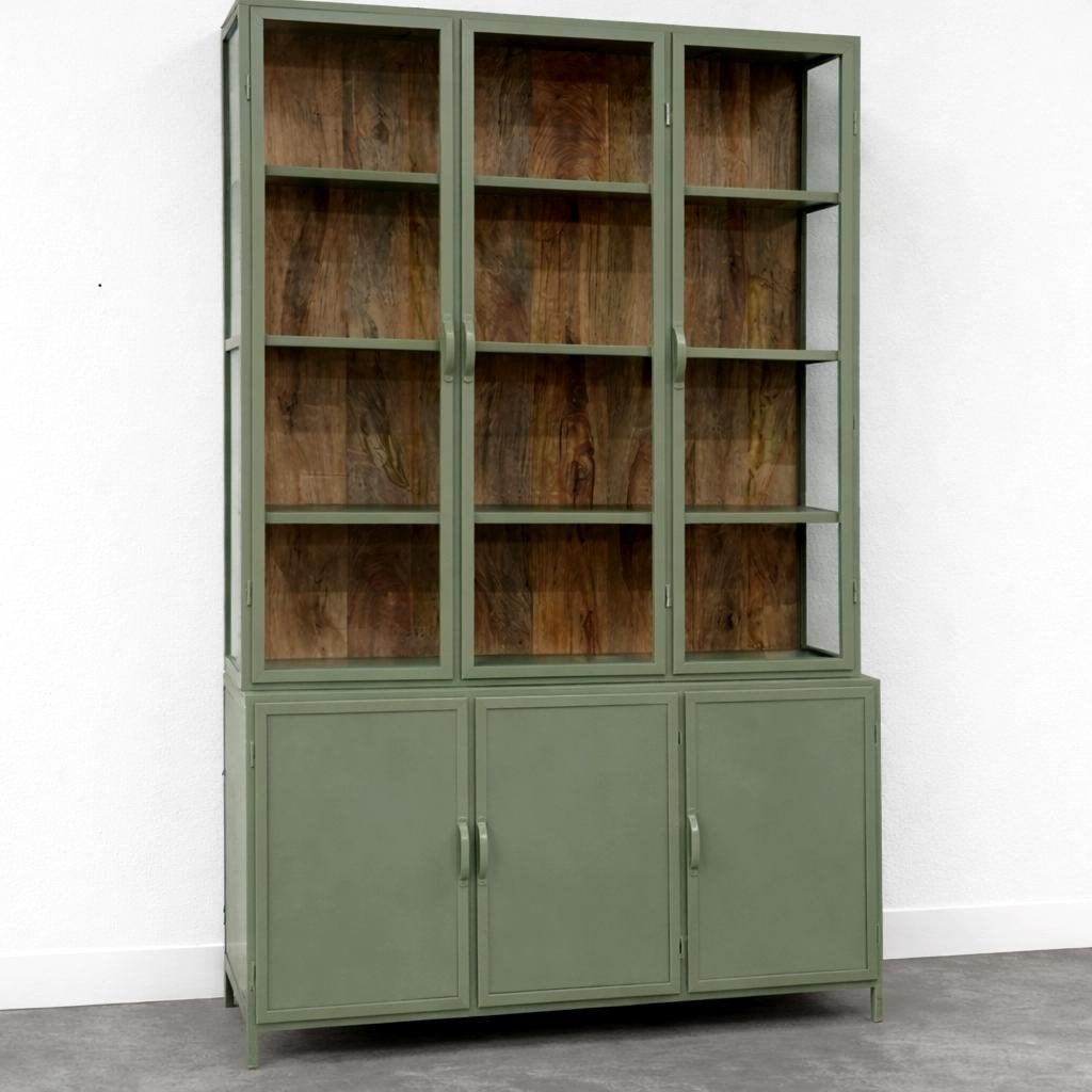 VITRINEKAST metaal 6 deuren kleur groen/Mango  actie prijs, Glas, 100 tot 150 cm, Nieuw, Ophalen of Verzenden