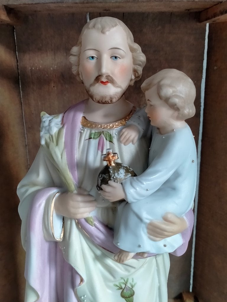 Antiek H. Jozef beeld met kindje Jezus, biscuit porselein, Antiek en Kunst, Ophalen of Verzenden