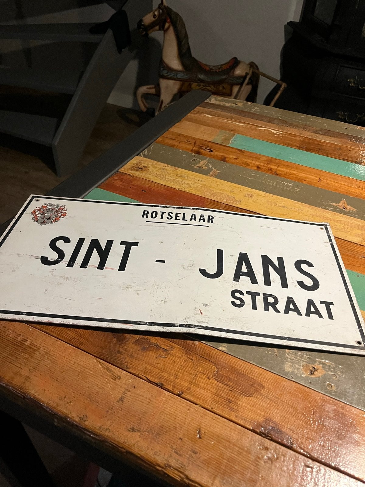 Metalen Naambord 'Sint-Jansstraat Rotselaar' 50x25 cm, Antiek en Kunst, Ophalen of Verzenden