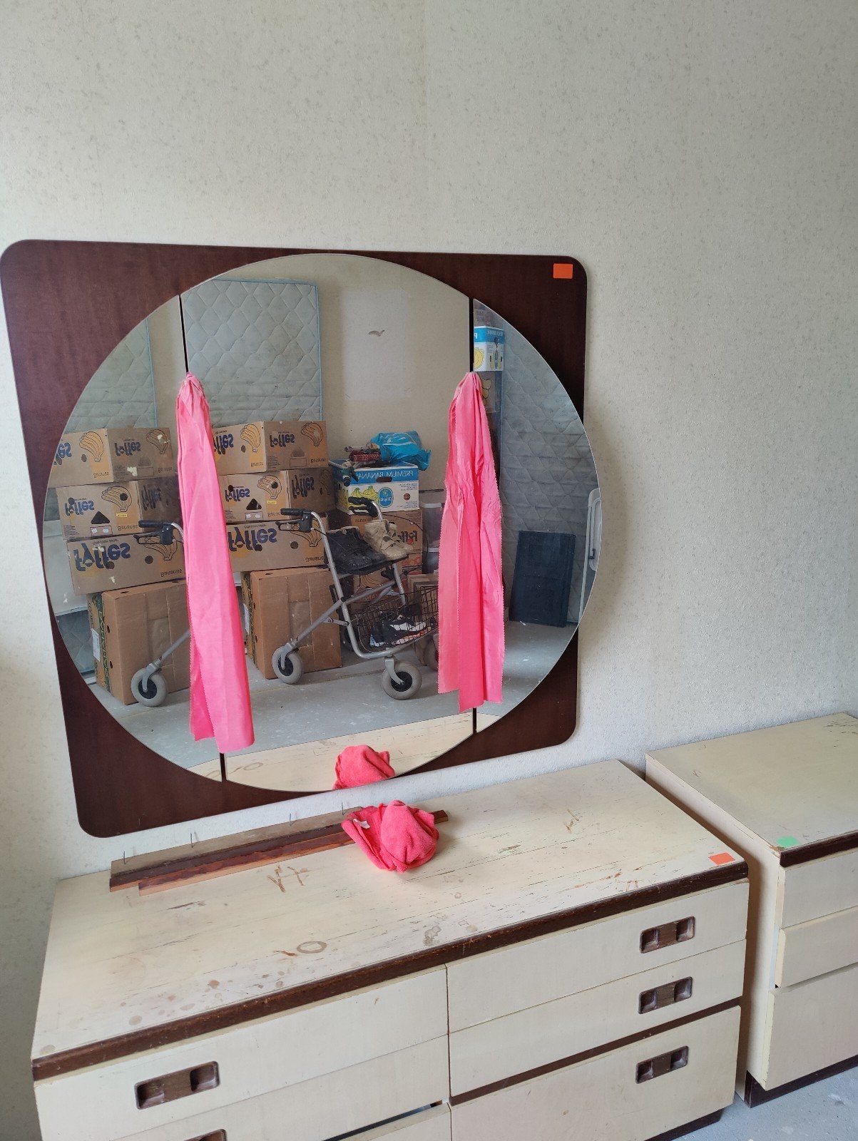 Vintage slaapkamerset: spiegel en twee kasten uit 1970, Ophalen, Gebruikt, Vintage, Retro, Jaren '70