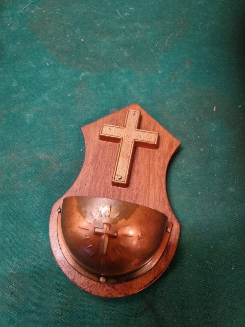 wijwaterbakje koper en hout, Verzamelen, Ophalen of Verzenden