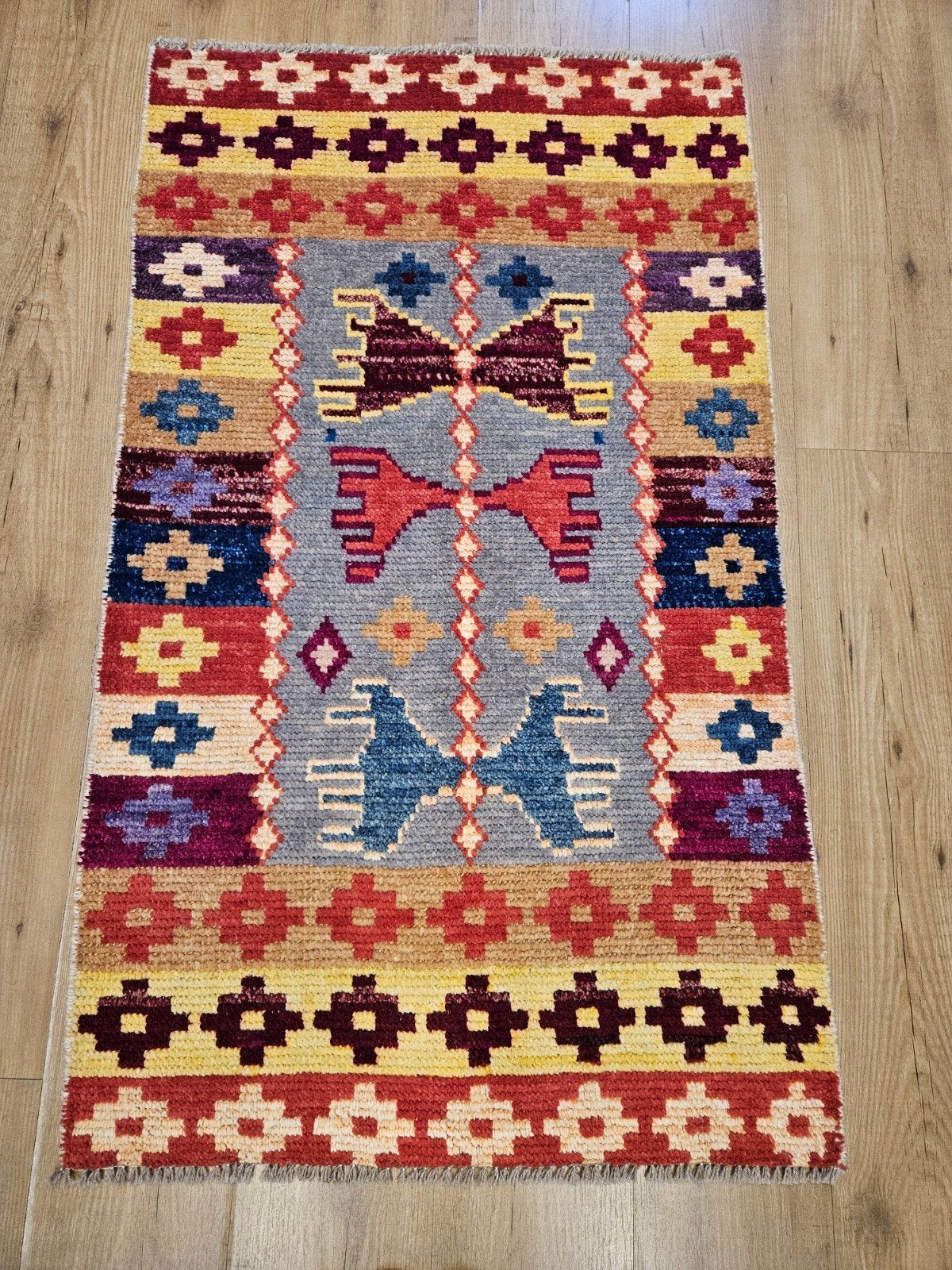 Handgeknoopt oosters tapijt modern design 126x75, Info@SlatsAntiek.nl, Groen, 100 tot 150 cm, Perzisch