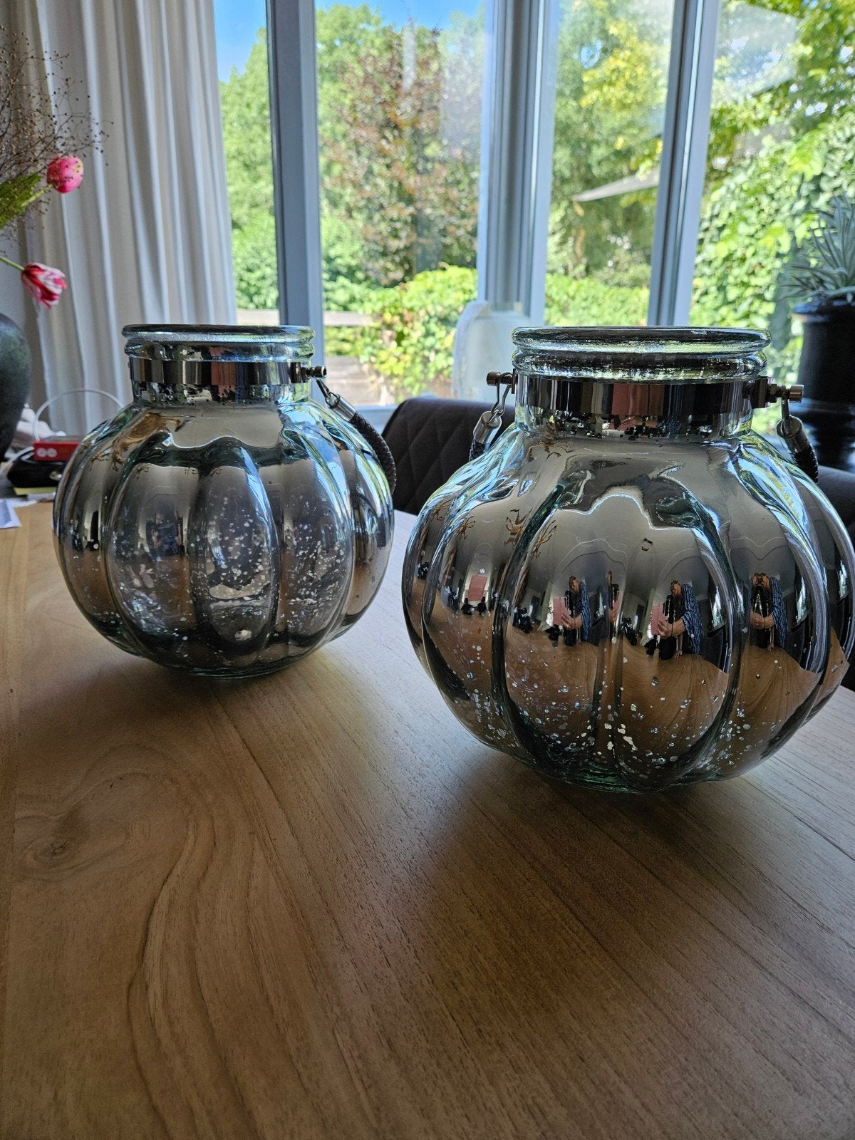 XXL mondgeblazen set windlicht of vaas leren handvat, Ophalen, Met patroon/structuur, 35 cm, Zilver