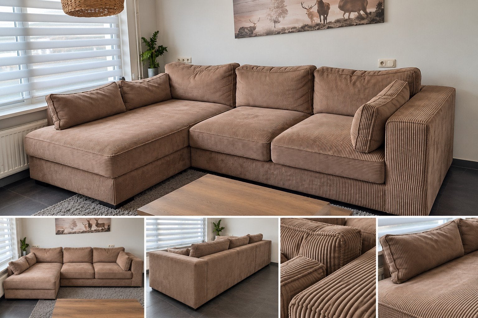 Ruime taupe/lichtbruine ribstof hoekbank A-Meubel, Huis en Inrichting, Modern, Comfortabel, 250 tot 300 cm, Gebruikt, Hoekbank