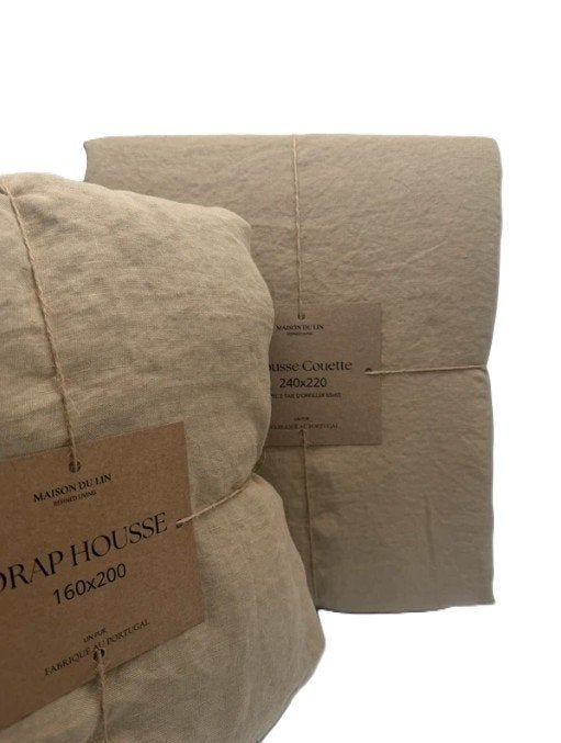 100% linnen SET. Dekbedovertrek 240x220 +Slopen+Hoeslaken, Beige, Dekbedovertrek, Ophalen of Verzenden, Nieuw