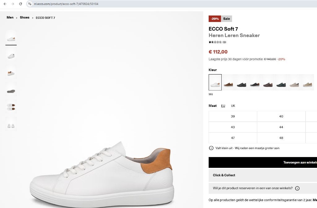 Leather Sneakers ECCO Soft 7 Size 43 – Worn Once, Ophalen, Zo goed als nieuw, Wit, Sneakers of Gympen