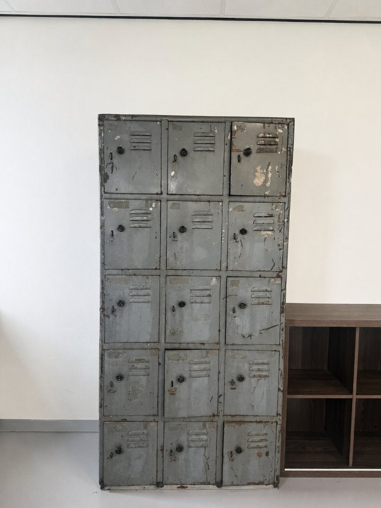 Vintage industriële lockerkast - 15 vakken, Huis en Inrichting, Kasten | Lockerkasten, Ophalen, Gebruikt, Industriële kast, lockerkast, vintage kast, metalen kast, loft