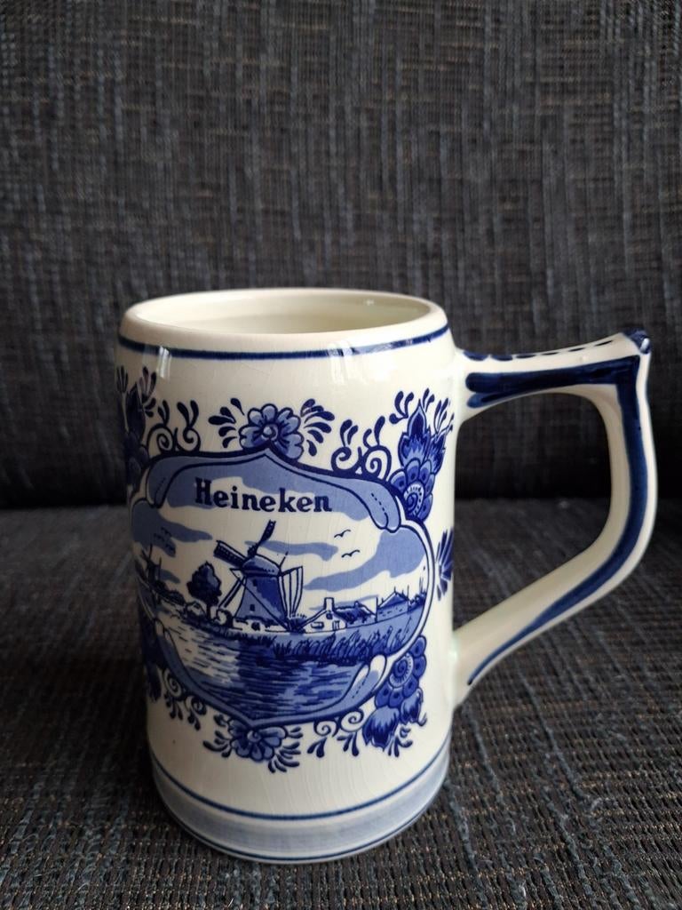 Delfts blauwe Heineken bierpul met molen en zeilboot, Ophalen of Verzenden