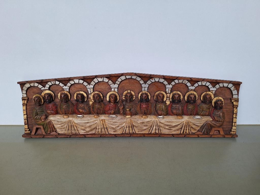 houtsnijwerk reliëf wand-paneel laatste avondmaal 80x24cm, Antiek en Kunst, Handgemaakt, Hout, Overige stijlen, Meerkleurig
