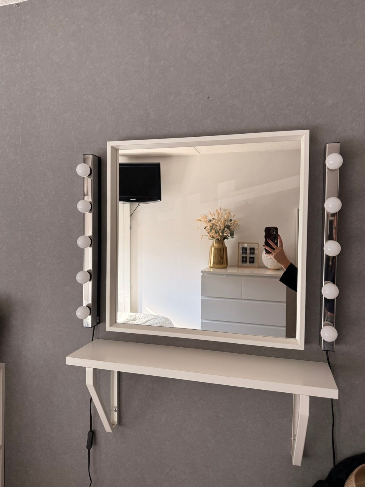 Make up spiegel + lampen + plank wit Ikea, Ophalen, Gebruikt, Minder dan 100 cm, Rechthoekig