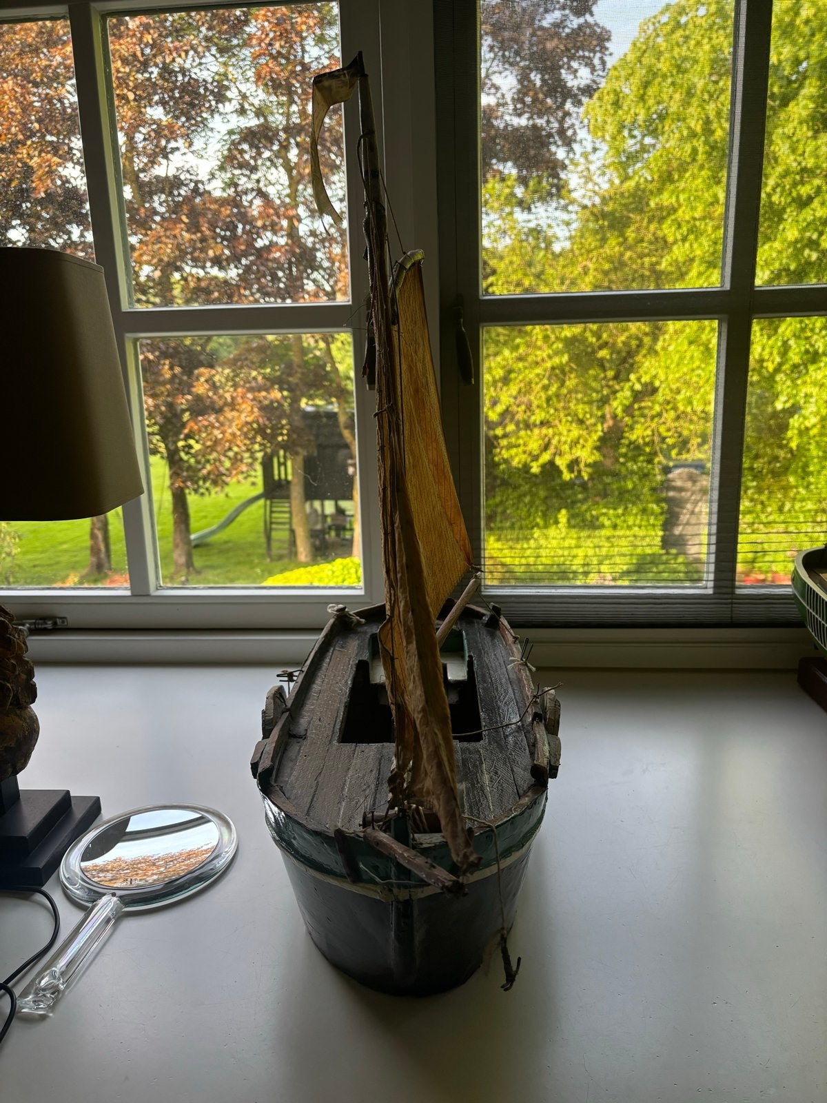 Antiek houten scheepsmodel met zeilen, Ophalen, Gebruikt