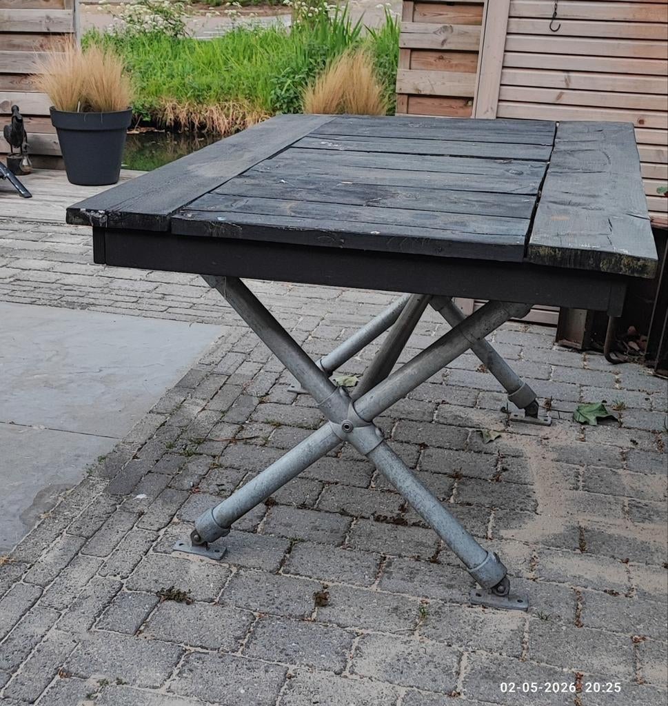 Steigerhouten tafel met steigerbuizen onderstel 100x140cm, Tuin en Terras, Tuintafels, Ophalen, Gebruikt, Rechthoekig, Hout