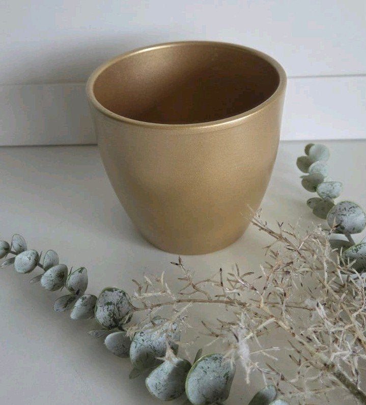 Gouden keramische bloempot H:12cm B:13cm, Ophalen, Overige materialen, Gebruikt, Rond