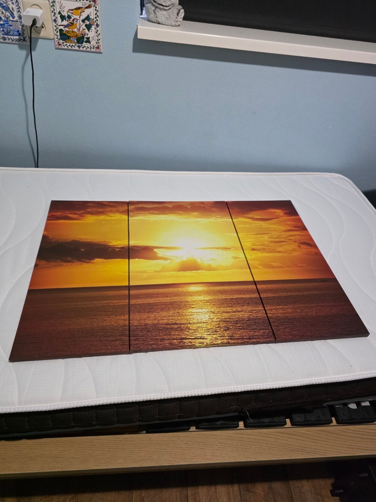Schilderij 3-luik zonsondergang zee, Antiek en Kunst, Kunst | Schilderijen | Klassiek, Maritiem / water, Realistisch, Overige ondergronden