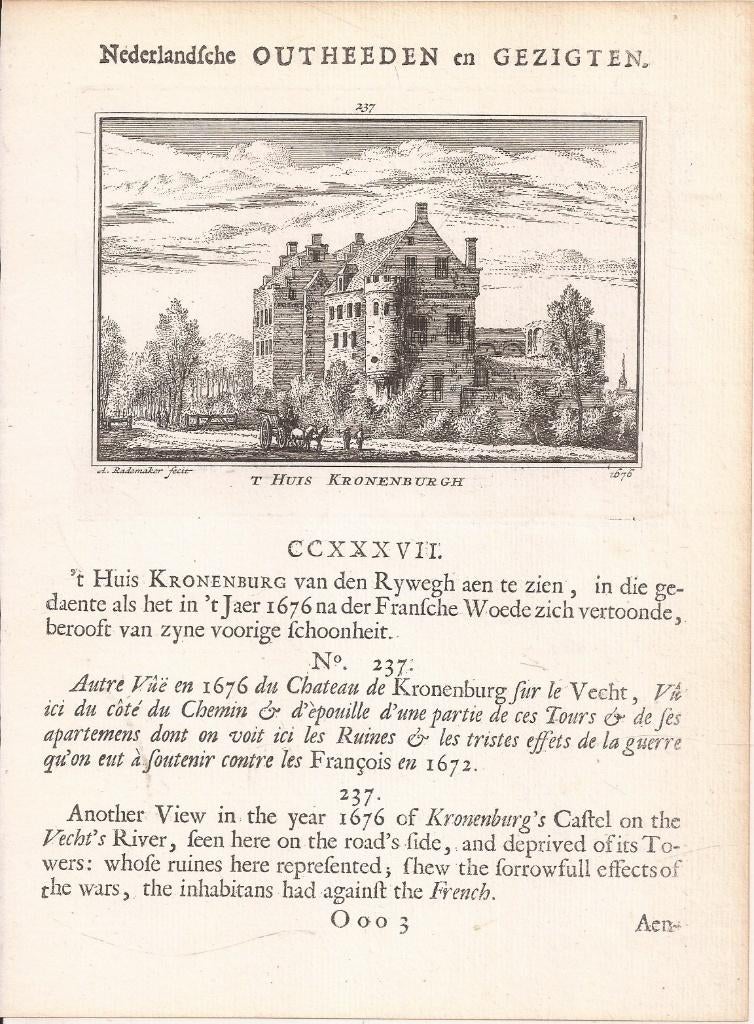 't Huis Kronenburgh 1676 Blad met Kopergravure A. Rademaker, Ophalen of Verzenden