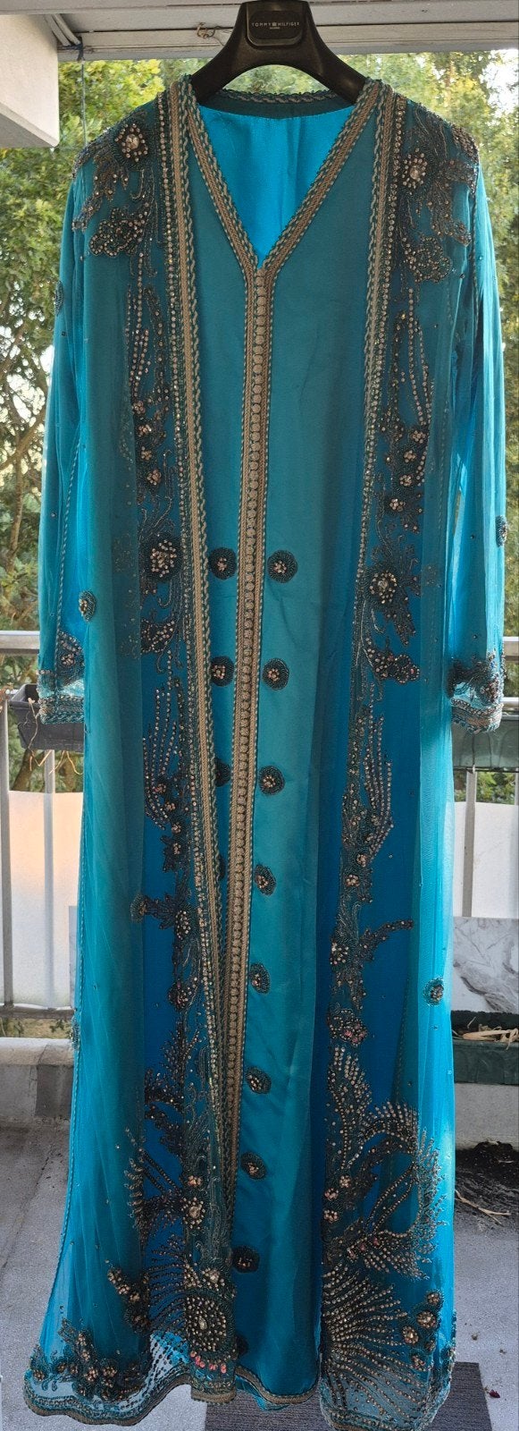 Prachtige blauwe takshita met zilveren steentjes, Overige typen, Blauw, Maat 42/44 (L), Ophalen of Verzenden