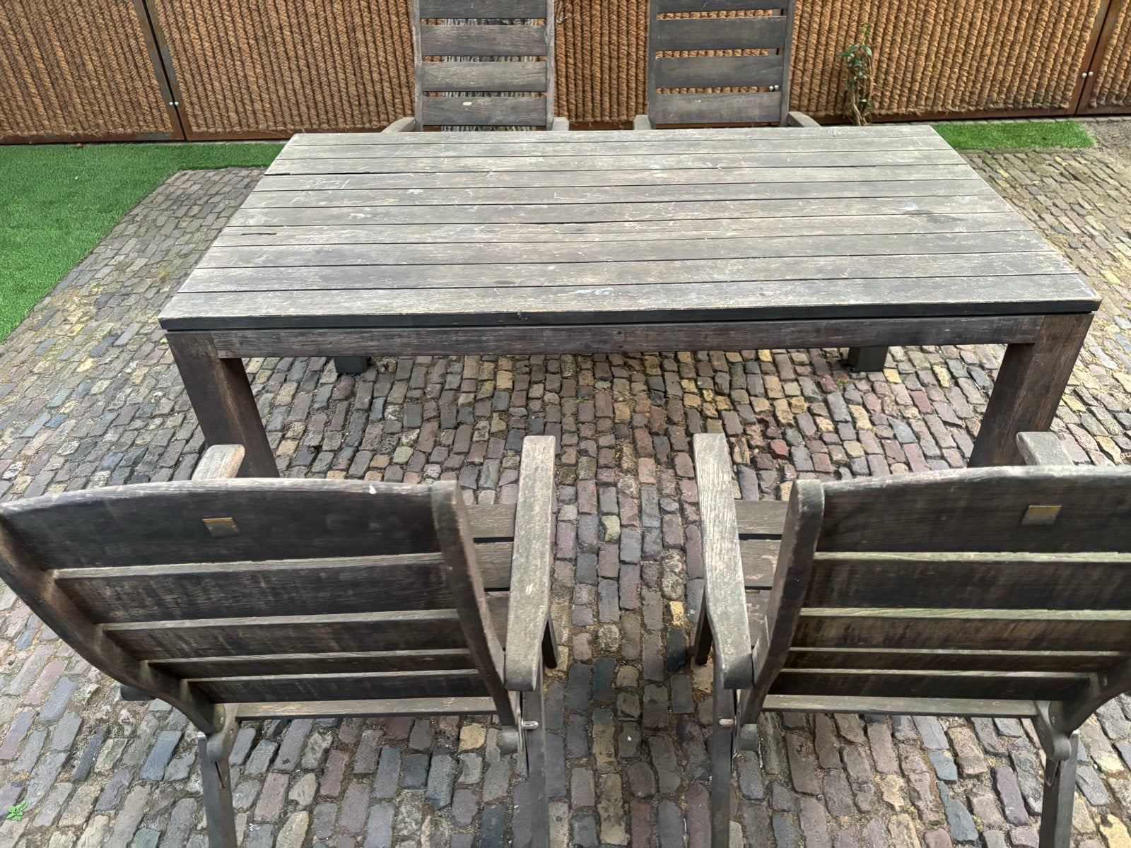 Houten teak tuinset met 4 stoelen en tafel, Tuin en Terras, Ophalen, 4 zitplaatsen, Gebruikt, Eettafel