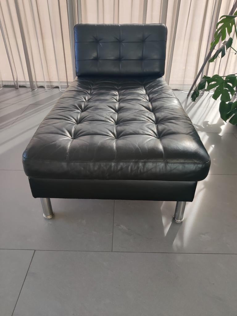 Landskrona Chaise Longue (zwart leer), Ophalen, Gebruikt, 125 cm of meer, Leer