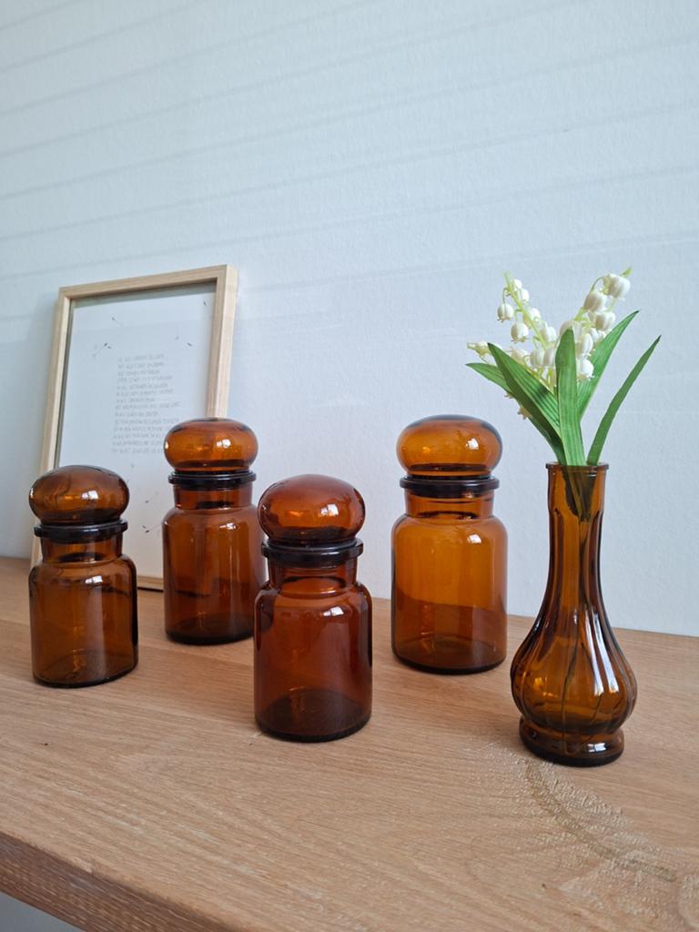 Vintage bruine apothekerspotten, set van 4, Ophalen of Verzenden, Overige kleuren, Glas, Minder dan 50 cm