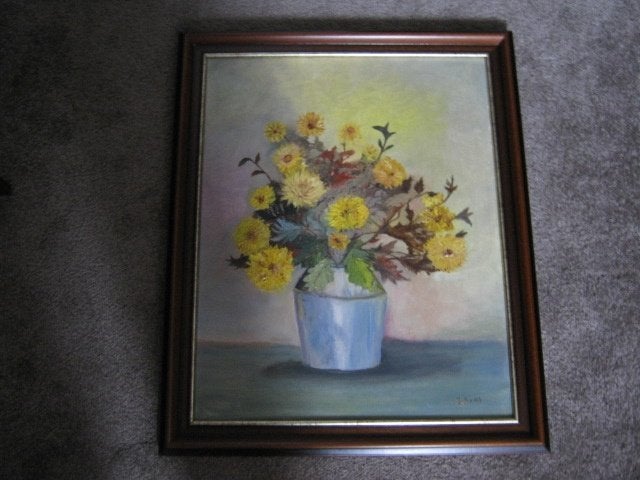 schilderij, vaas met gele bloemen 48x58cm, Ophalen, Overige stijlen, Overige technieken, Overige onderwerpen