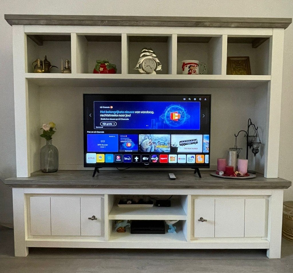 Houten TV-dressoir met vitrinekastjes, landelijk wit-grijs, Ophalen, 150 tot 200 cm, Zo goed als nieuw, 150 tot 200 cm