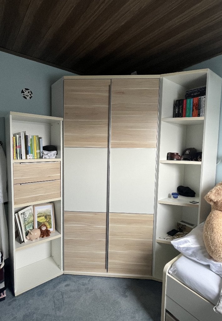 Inloop hoekkledingkast wit/ahorn (COMPLEET 3-delig), Ophalen, Gebruikt, 100 tot 150 cm, 200 cm of meer