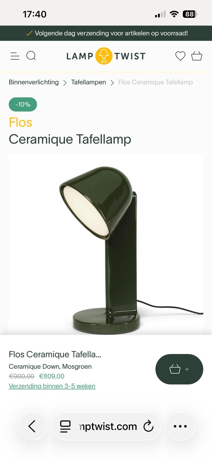 olijfgroene Flos Céramique Down tafellamp Nieuw, Ophalen, Overige merken, Groen, Keramiek