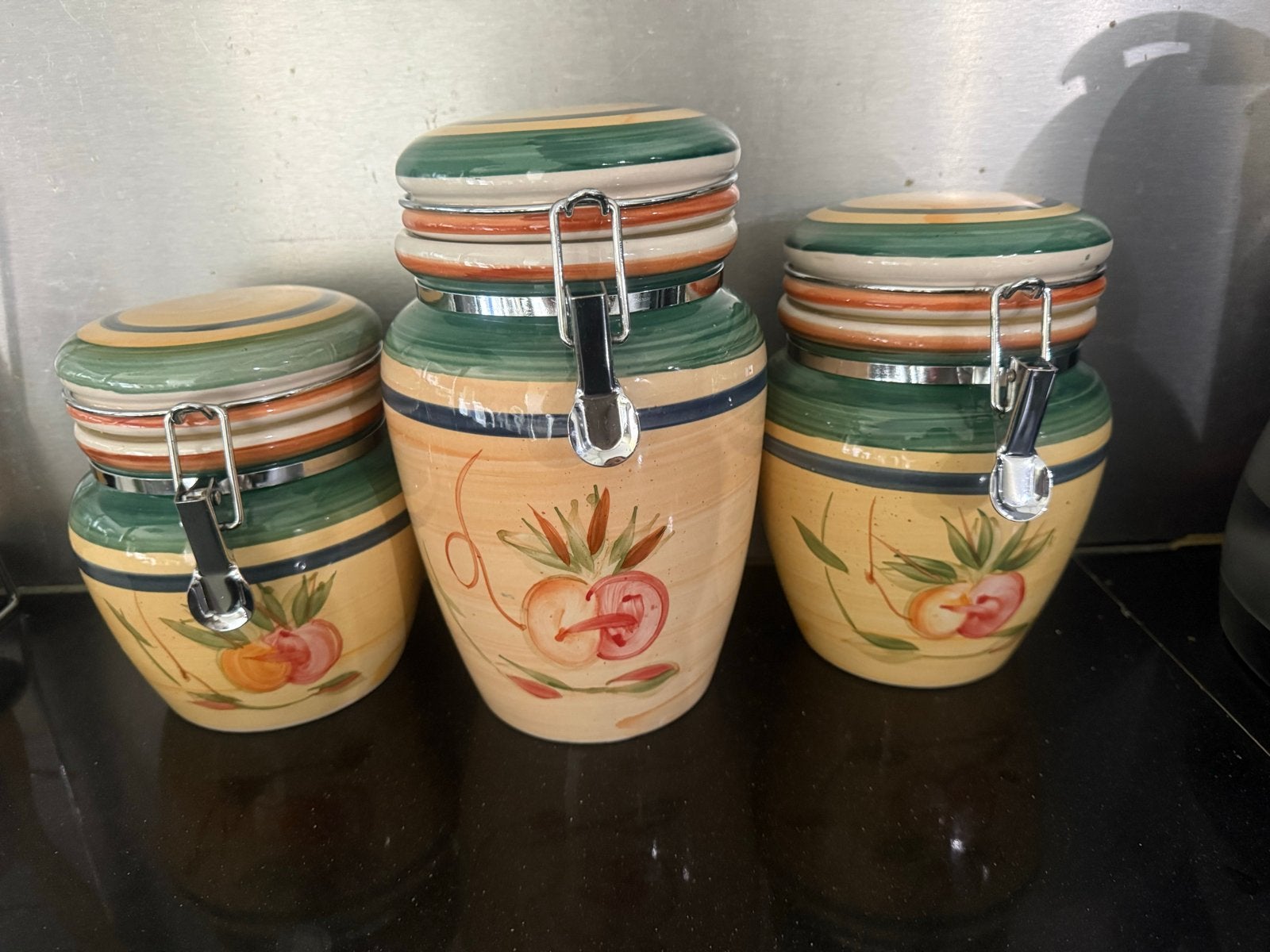 Set van 3 Gibson voorraadpotten met fruitdecoratie, Ophalen, Gebruikt, Voorraadpot, Steen/keramiek