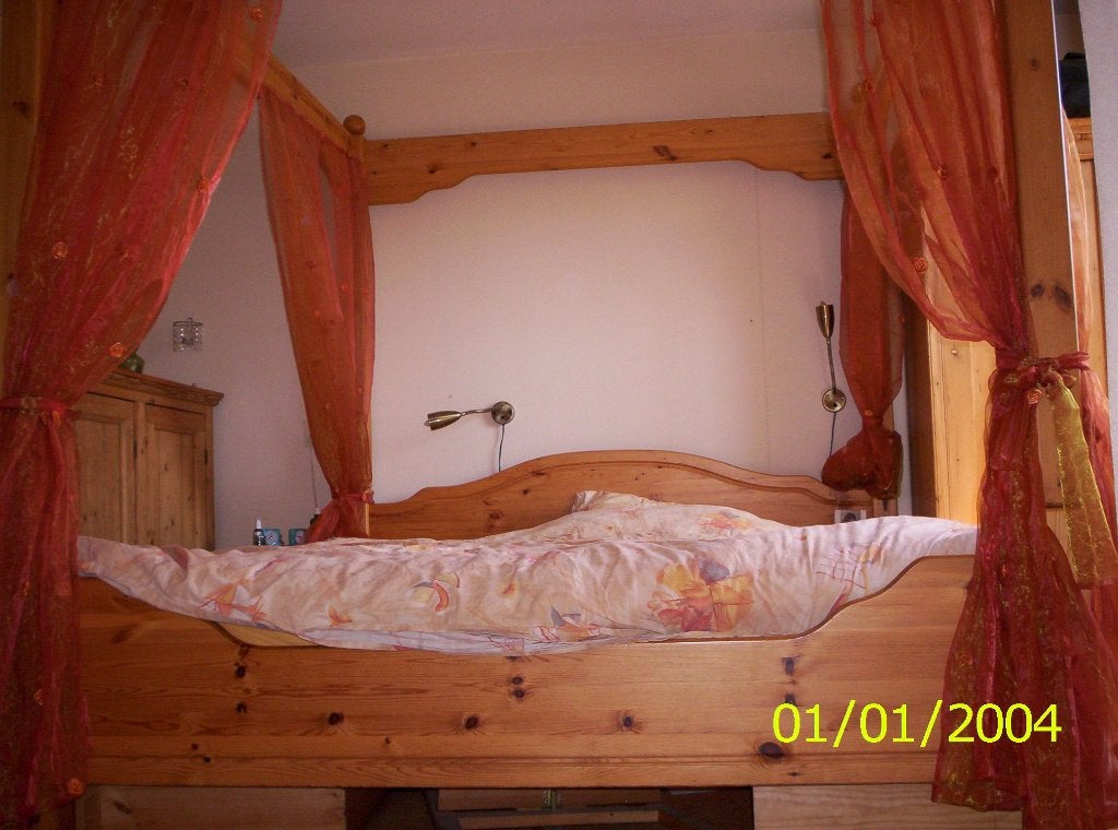 Grenen hemelbed van dik massief grenen 183x214cm, Gebruikt, 210 cm, Tweepersoons, Ophalen of Verzenden