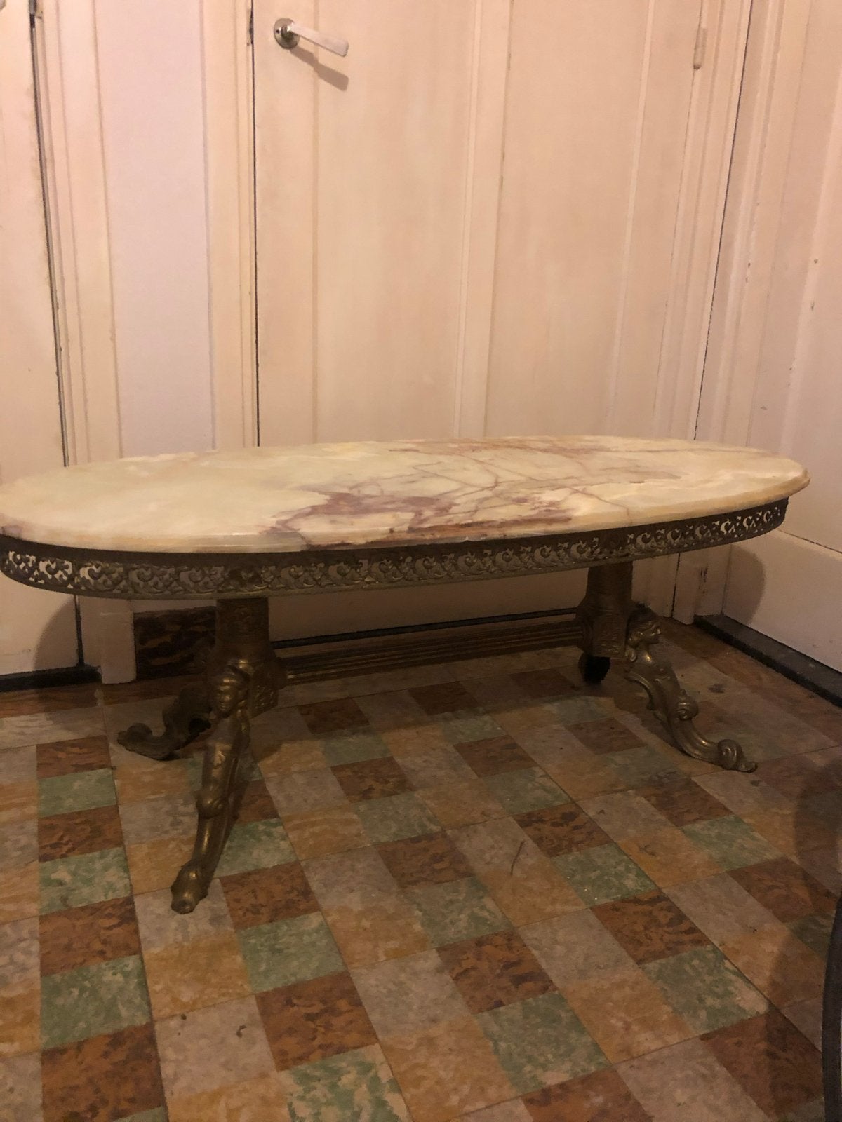 Regency Stijl Salontafel met Messing Poot en Onyx Blad, Ophalen