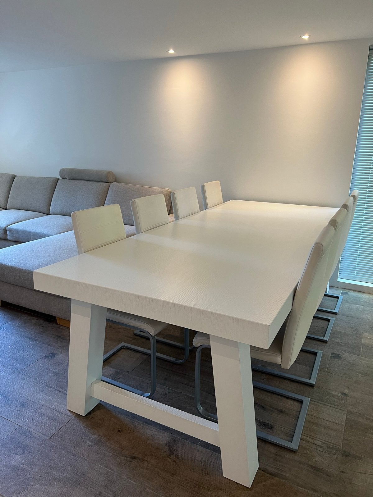 Grote witte houten eettafel prachtig en robuust 8 personen, Ophalen, Gebruikt, 100 tot 150 cm, 200 cm of meer