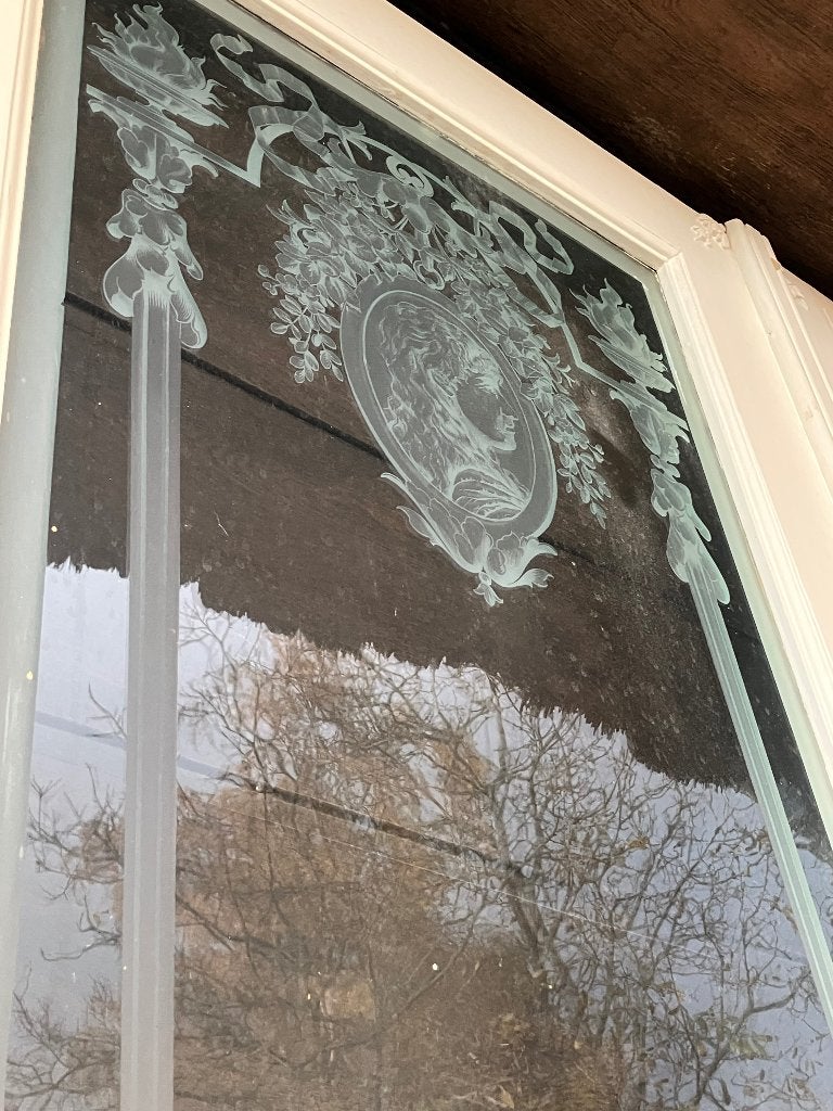 Hoge antieke dubbele ensuite deur met art Deco geëtst glas, Ophalen, Binnendeur, Zo goed als nieuw, Glas