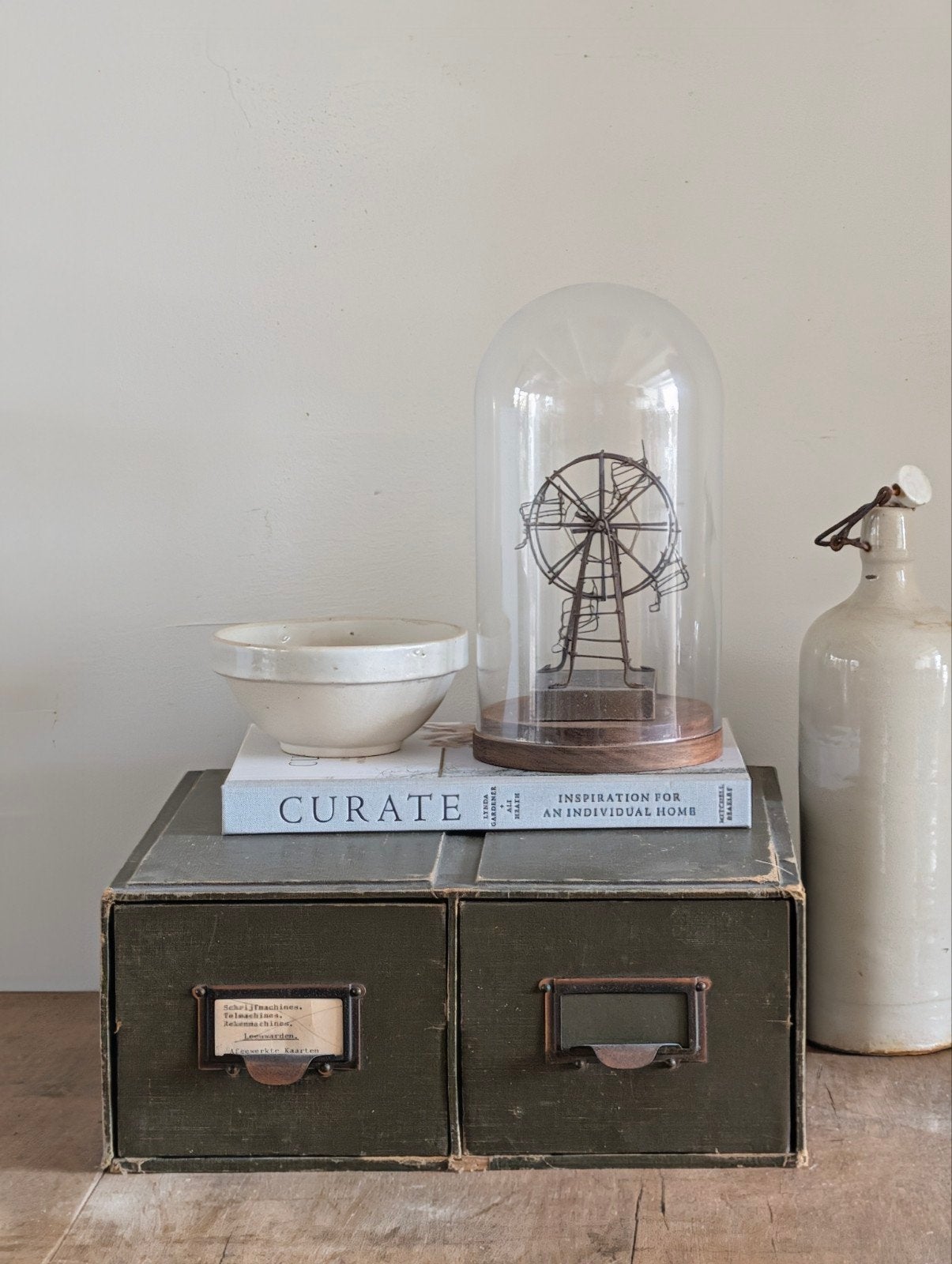 Vintage Archiefkastje met Twee Lades - Olijfgroen, Ophalen