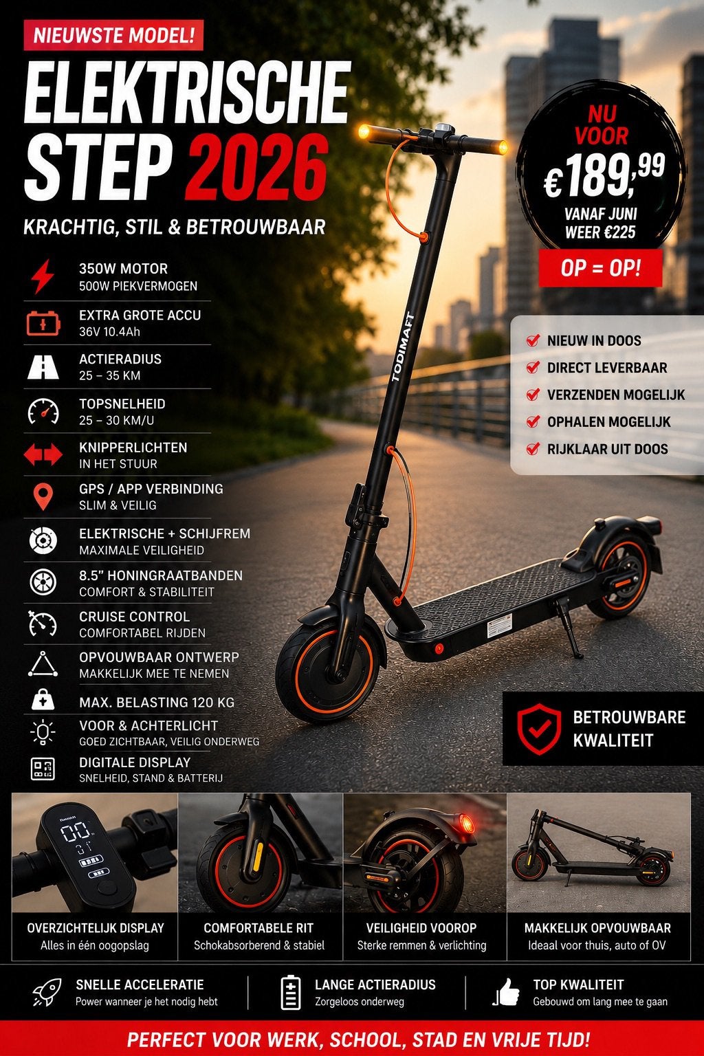ACTIE Elektrische Step 2026 NIEUW + Gratis tasje €189,99, Ophalen of Verzenden, Nieuw, Elektrische step (E-scooter)