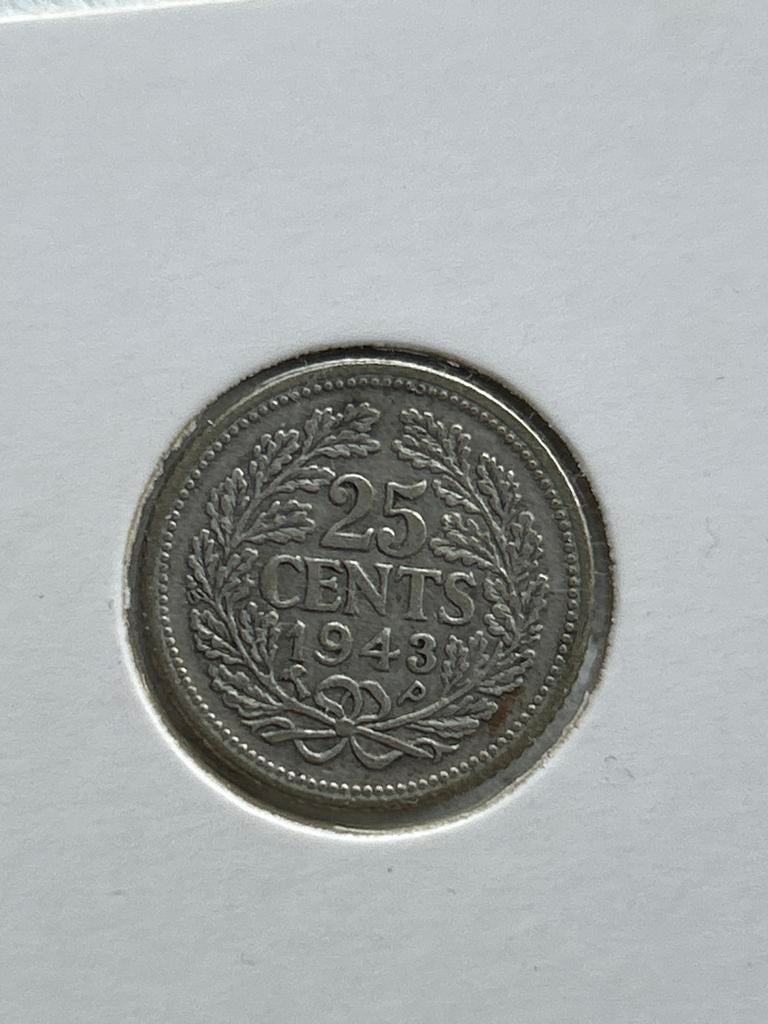 25 cent 1943 Koningin Wilhelmina zilveren munt, Postzegels en Munten, Munten | Nederland, Zilver, 25 cent, Ophalen of Verzenden