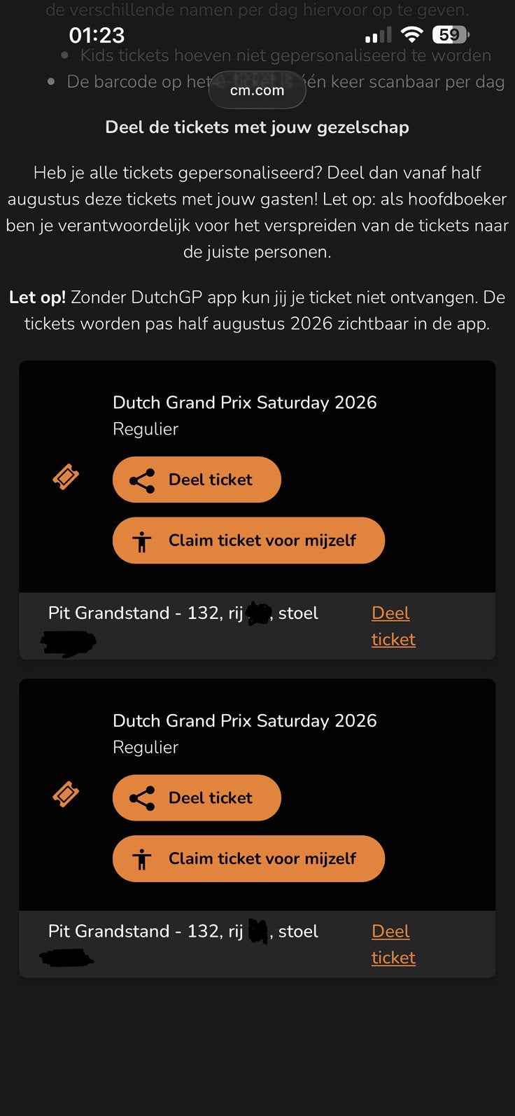F1 Zandvoort - Zaterdag  - Pit Grandstand 2x NU OF NOOIT, Twee personen