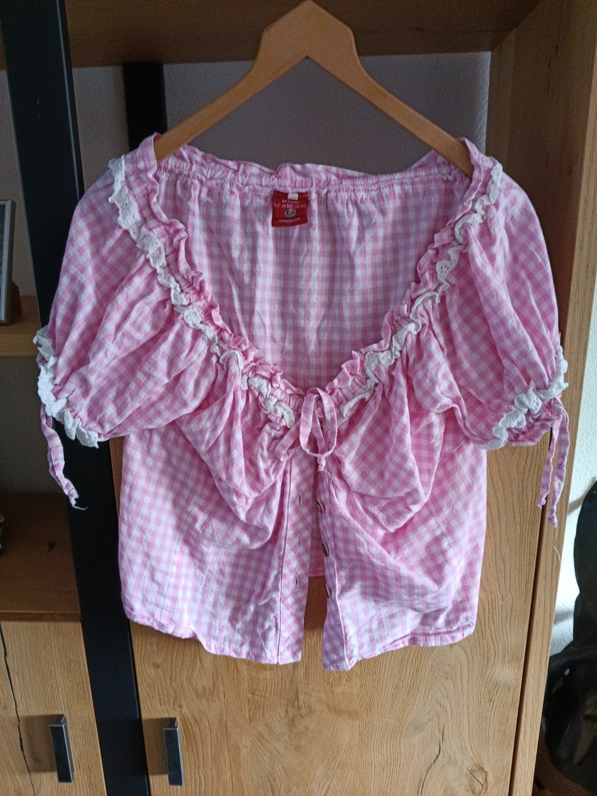 Roze geruite blouse met pofmouwen - Oktoberfest/Carnaval, Carnaval, Maat 42/44 (L), Ophalen of Verzenden, Kleding