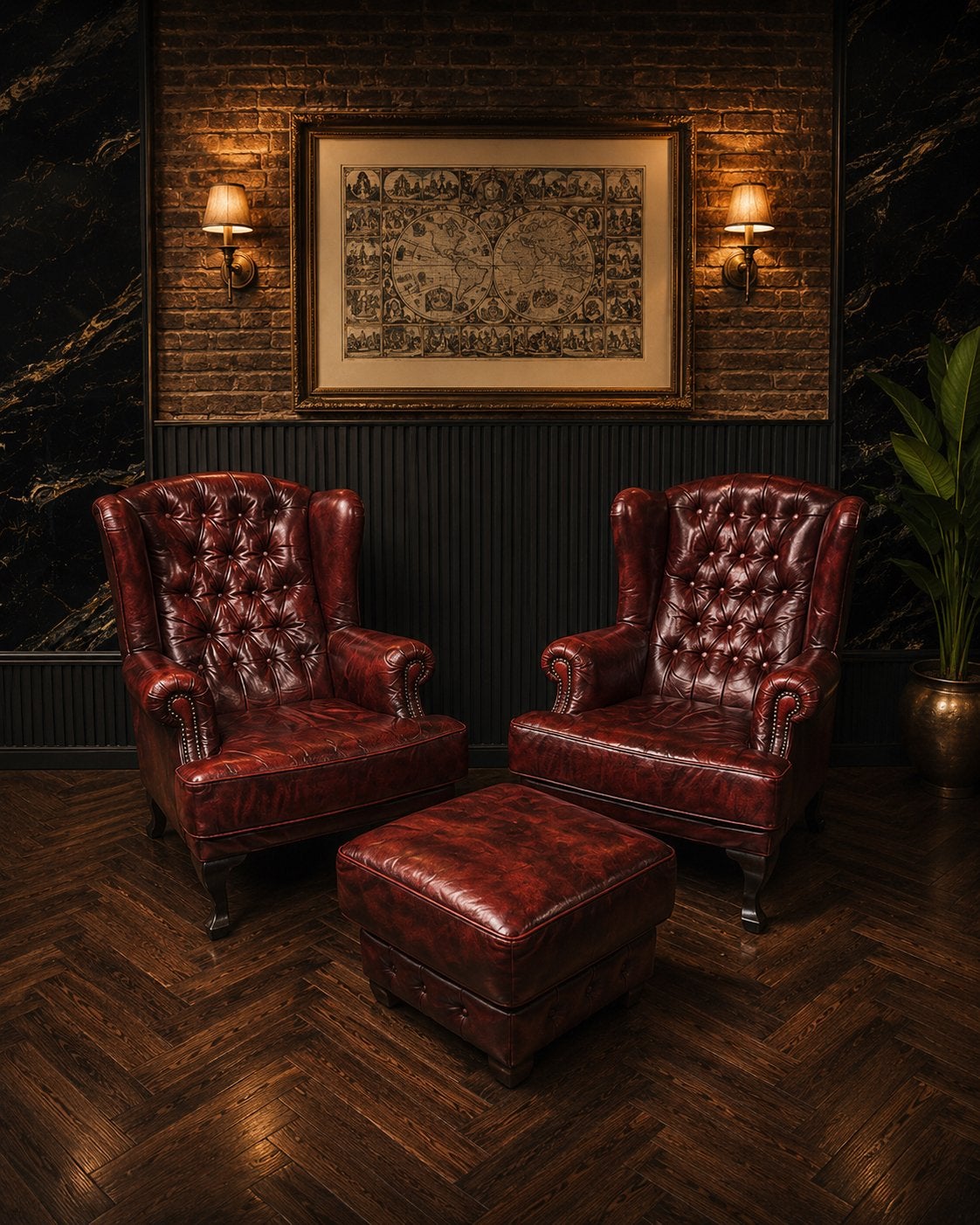 Orginele Chesterfield Birmingham Lederen Fauteuils + Hocker, Huis en Inrichting, Banken | Bankstellen, Ophalen of Verzenden, Gebruikt