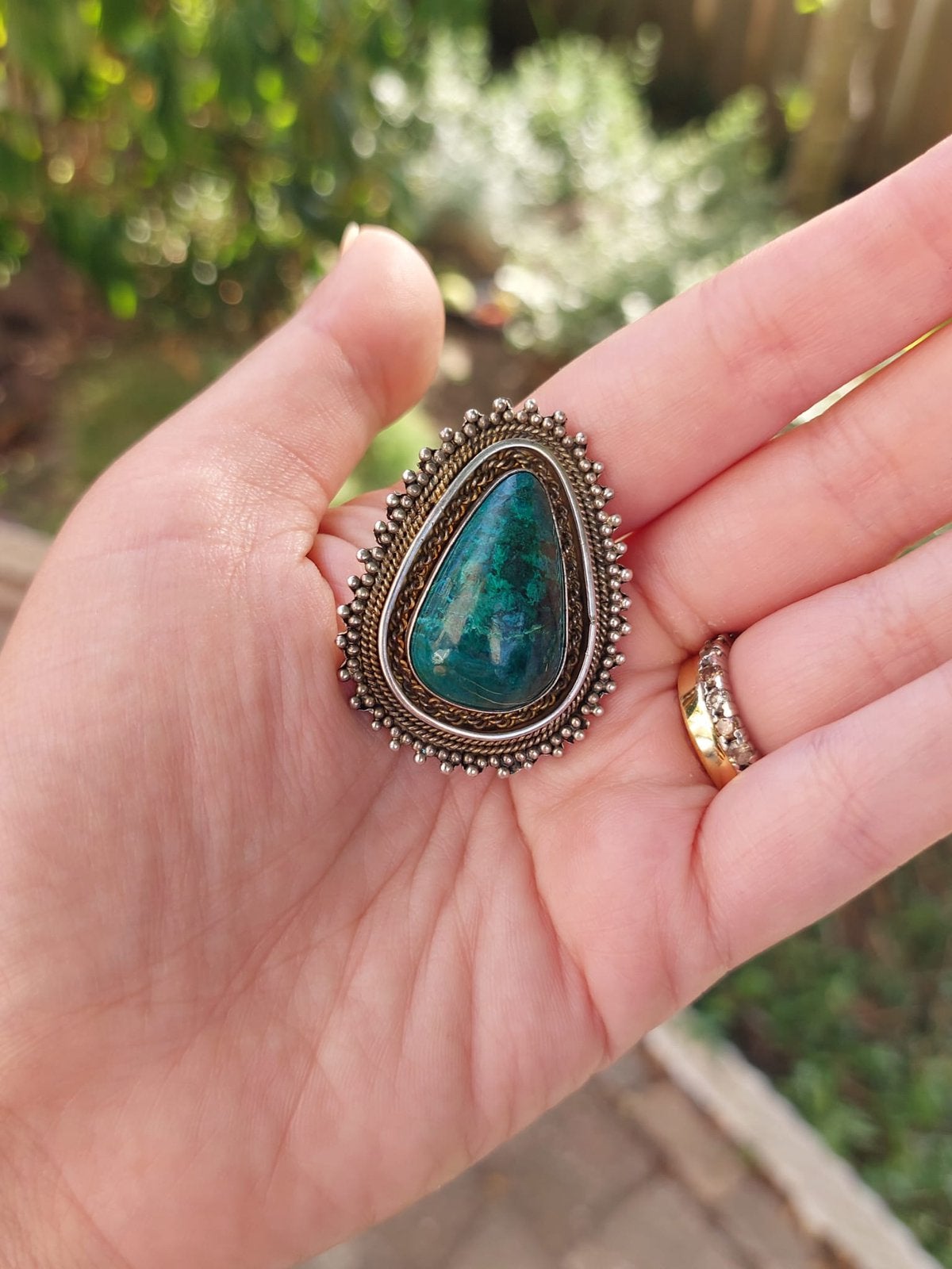 Zilveren hanger/brochemet Chrysocolla, Sieraden, Tassen en Uiterlijk, Ringen, 18 tot 19, Ophalen of Verzenden, Zo goed als nieuw