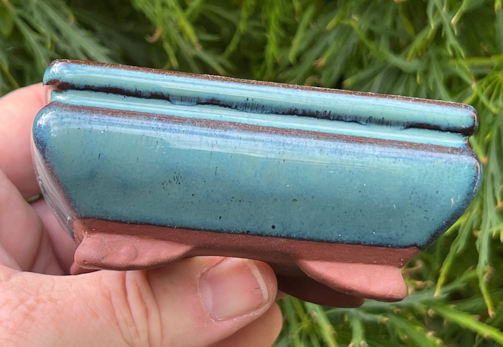 Bonsai schaal blauw tinten geglazuurd aardewerk 10,2x7,6x4,4, Ophalen of Verzenden, Zo goed als nieuw, Aardewerk, Rechthoekig