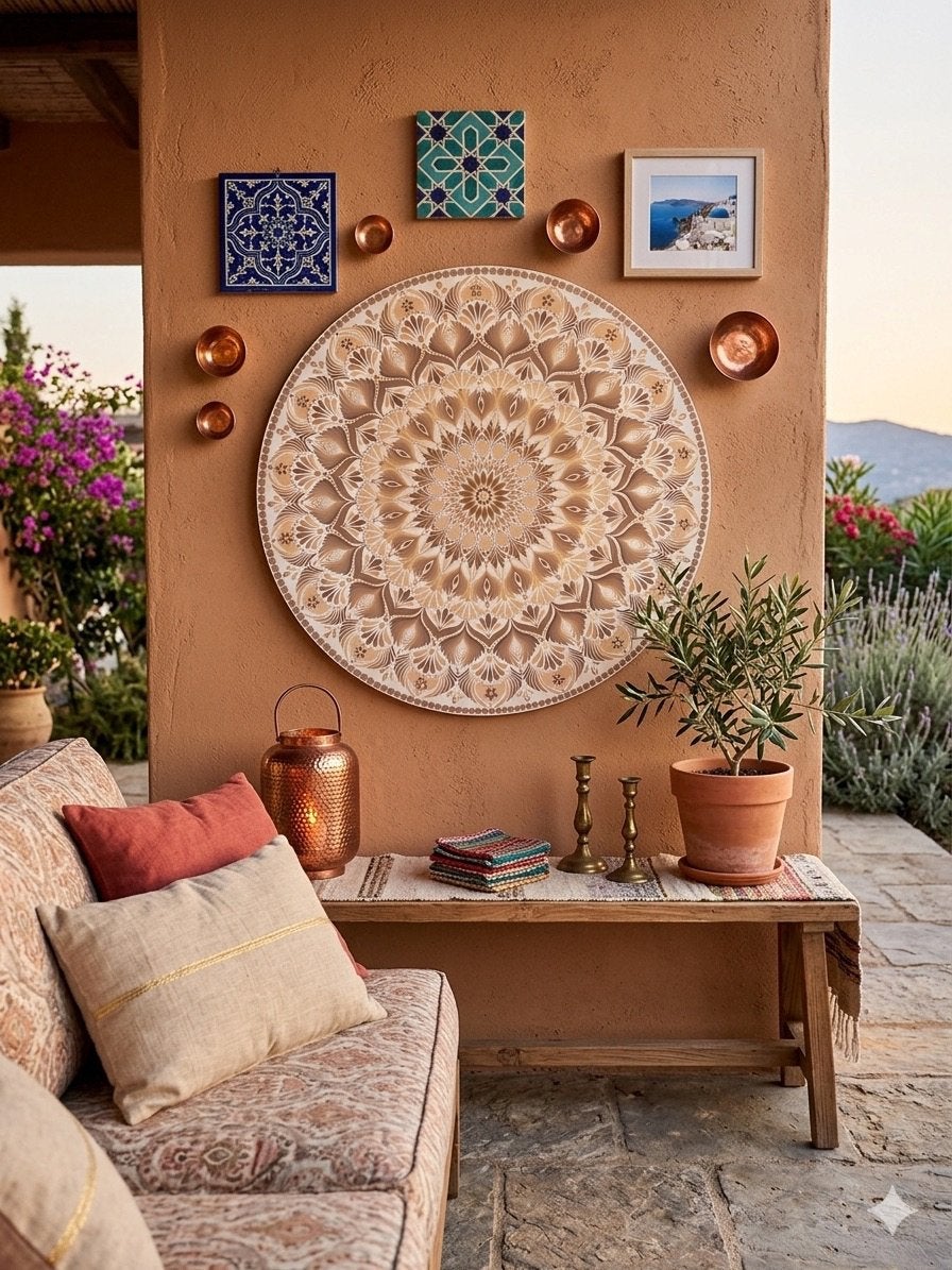 Elegante Handgemaakte Ronde Mandala - Beige & Taupe⁠, Ophalen of Verzenden, Nieuw, 50 tot 75 cm, Schilderij