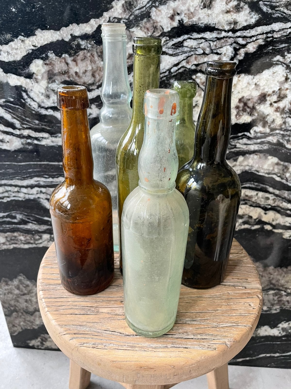 6 oude gekleurde flessen fles kandelaar bloem kaars, Ophalen of Verzenden
