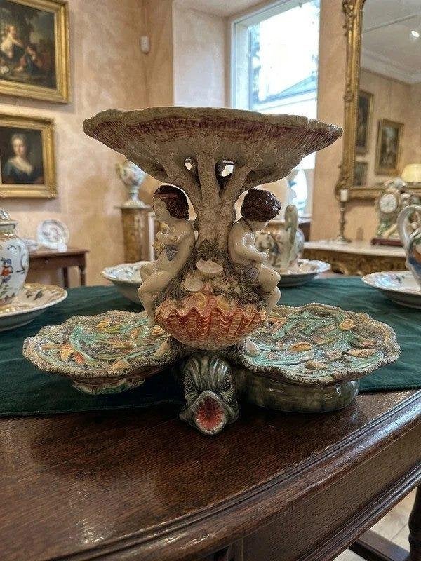 Antiek Franse Barbotine Centre Table Majolica Maritiem Putti, Antiek en Kunst, Ophalen of Verzenden