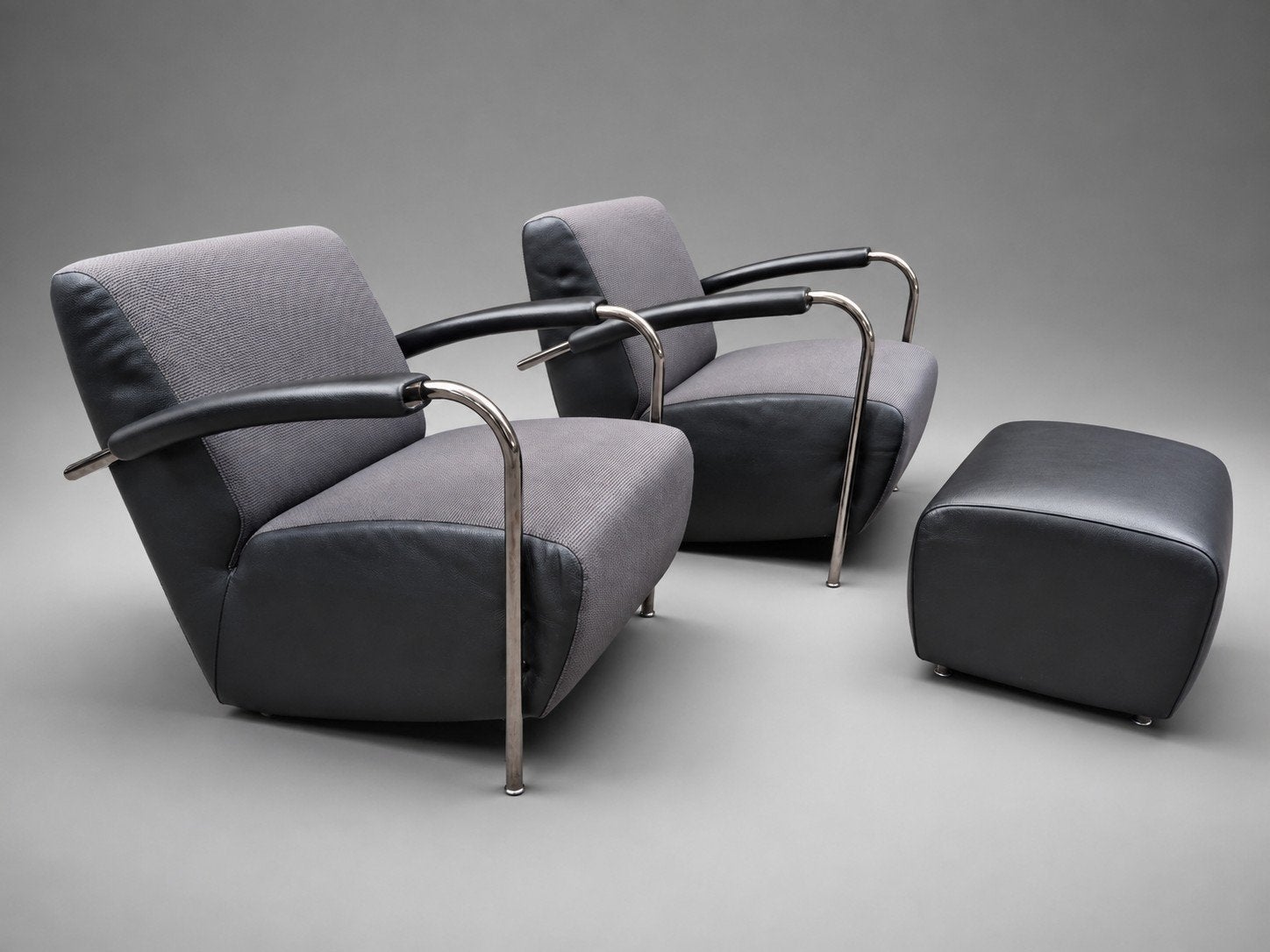 Leolux Scylla design fauteuils hocker zwart grijs stof leer, Ophalen, Leer, 75 tot 100 cm, Zo goed als nieuw