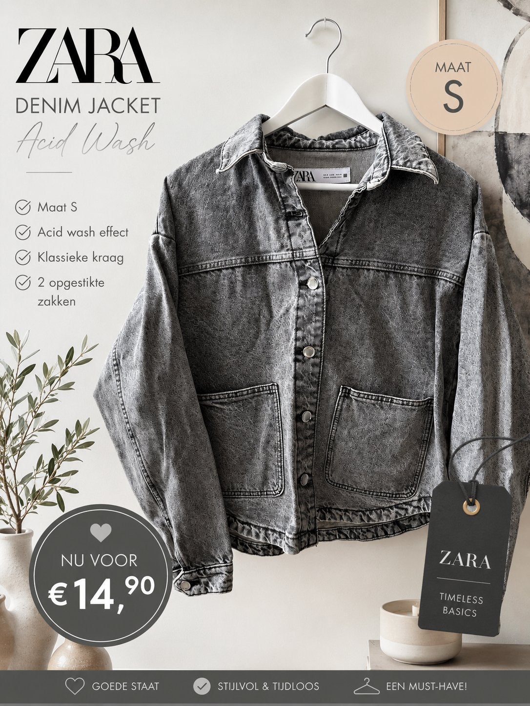 Zara Denim Jacket Acid Wash Maat S, Ophalen of Verzenden, Zo goed als nieuw, Maat 36 (S), Grijs