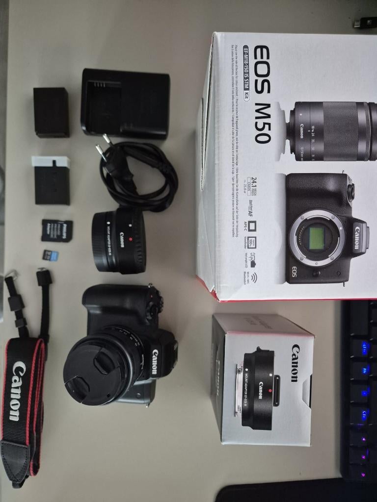 Canon EOS M50 + 15-45mm + EF-Adapter + 128GB | Zgan (7.5k), Audio, Tv en Foto, Fotocamera's Digitaal, Canon, Ophalen of Verzenden