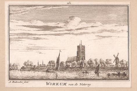 Woudrichem.Workum van de Waterzij.Kopergravure Abr.Rademaker, Origineel, Stadsgezicht, Ophalen of Verzenden, Gravure