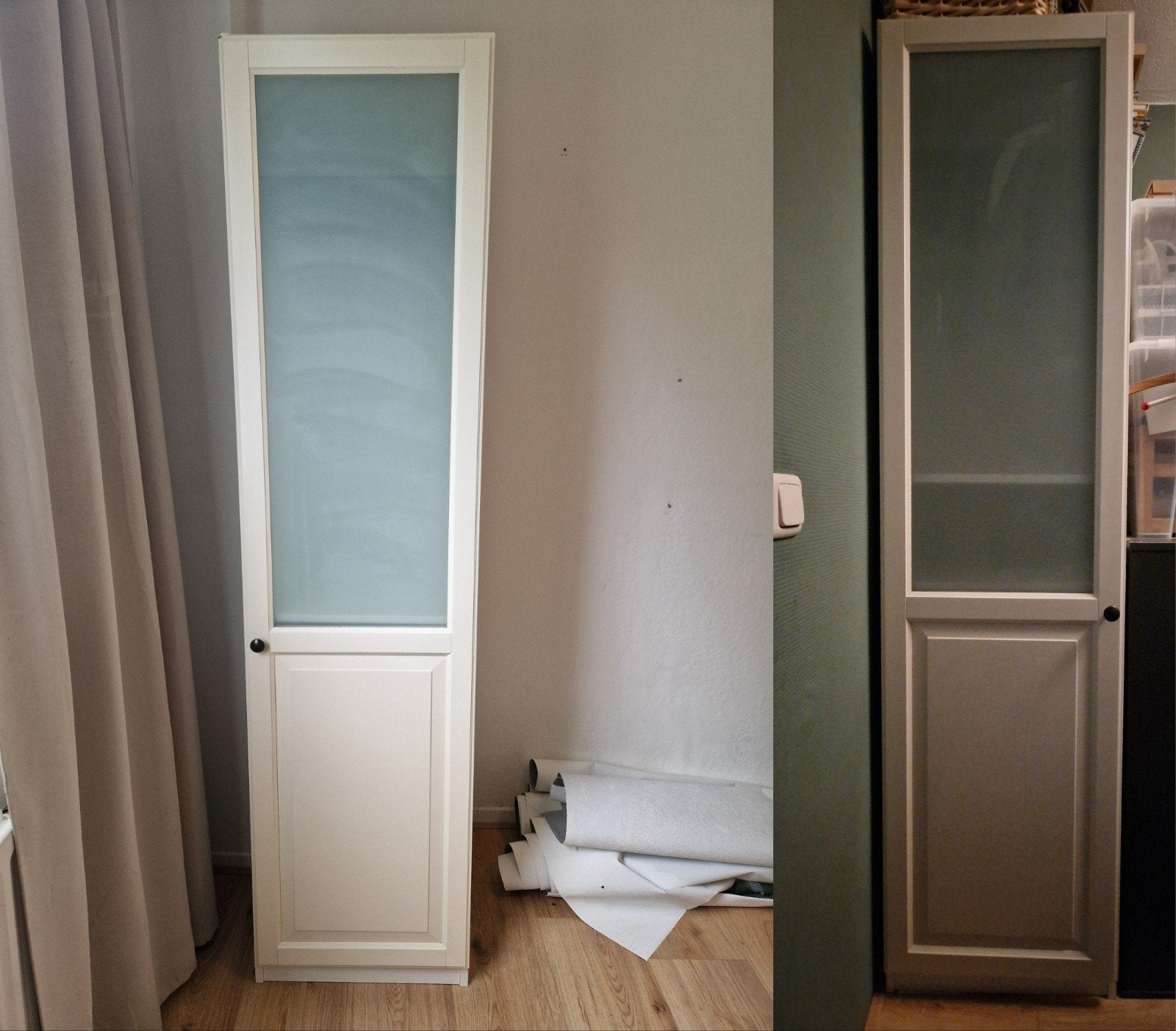 Twee IKEA PAX kasten met melkglazen deuren, 201x50x60 cm, Gebruikt, 200 cm of meer, 50 tot 100 cm, Glas