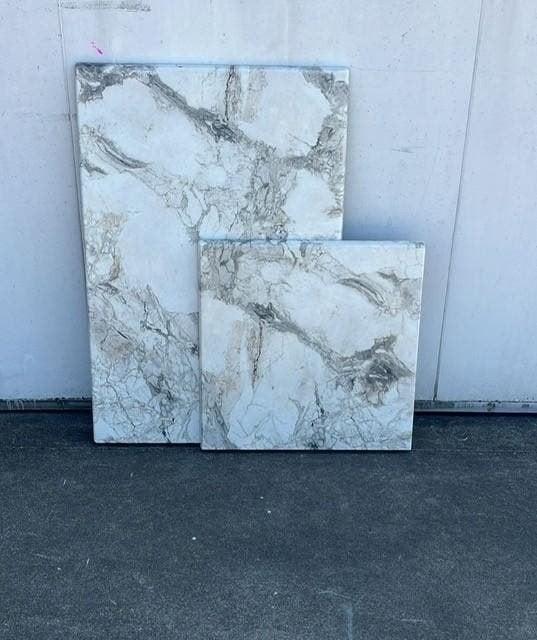 6 stuks terras tafelbladen werzalit outdoor wit marmer 70x70, Ophalen, Zo goed als nieuw