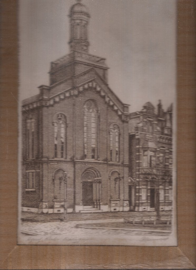 Rotterdam Kralingen Gereformeerde Kerk Ets 50er jaren, 30 cm, Ets, Architectuur, Blanco verso